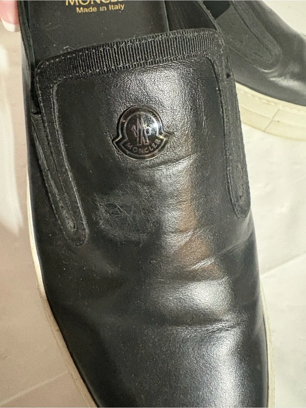 Moncler Black Leather Slip-On Loafers with White Sole